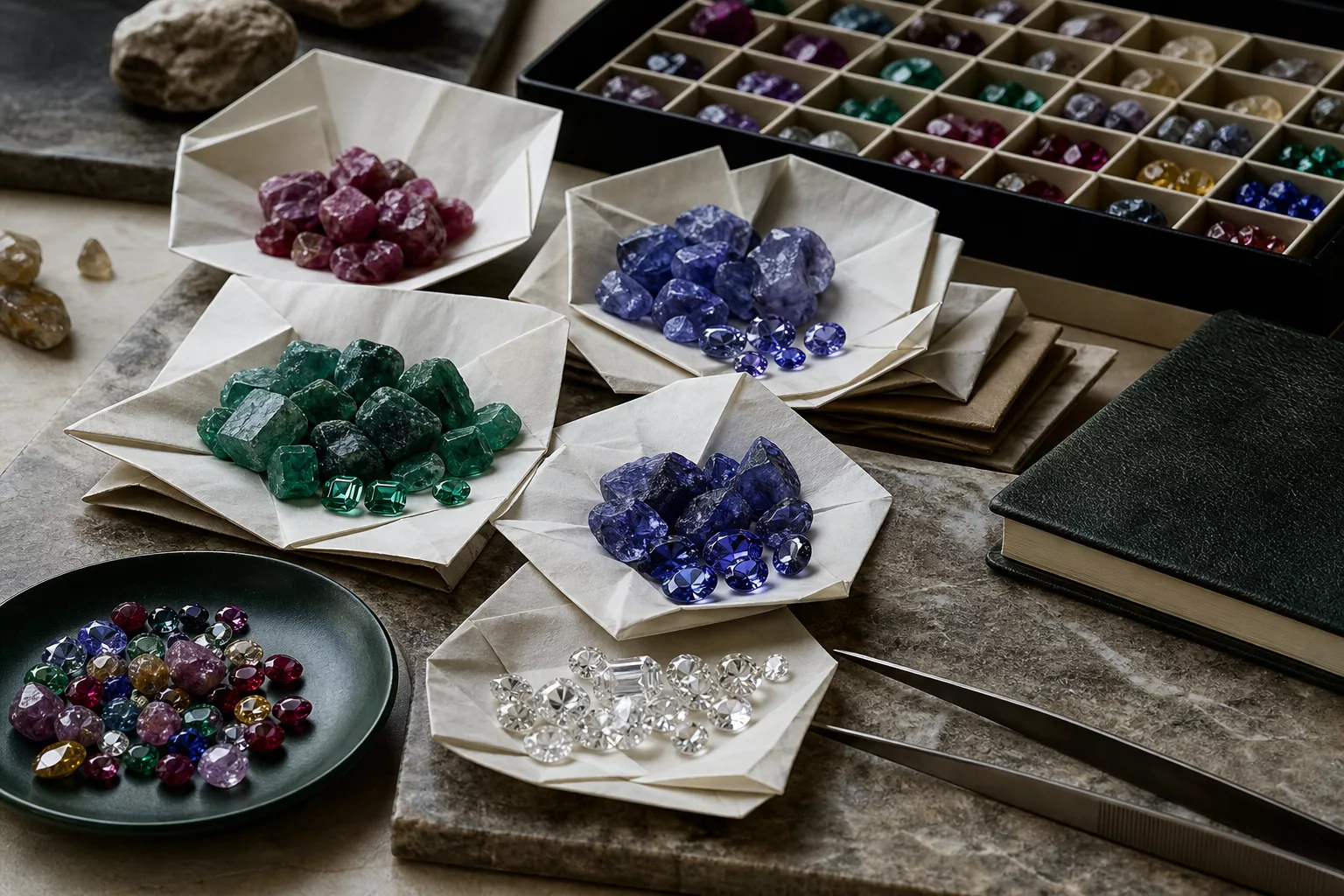 Selected gemstone parcels prepared for sourcing review